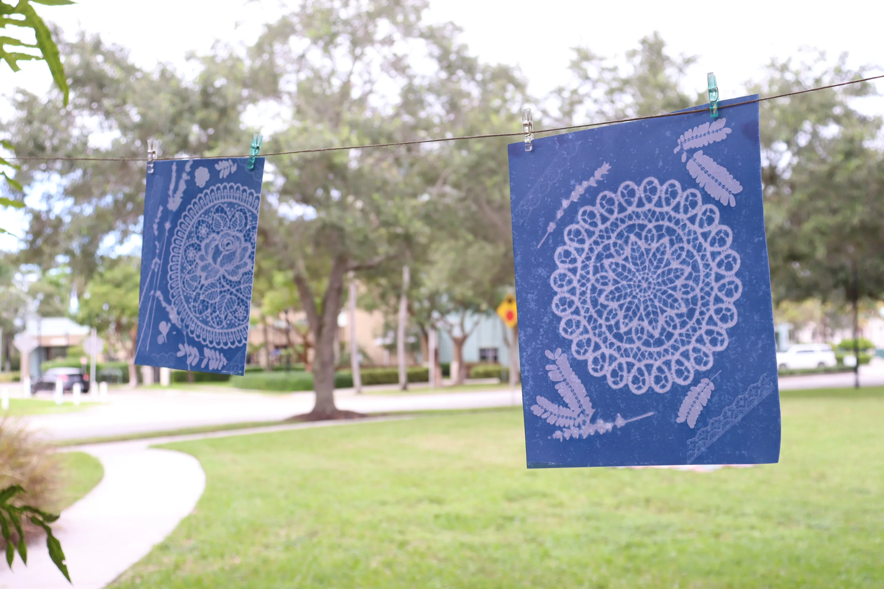 Two blue cyanotype mandala prints hanging on a line over a green lawn