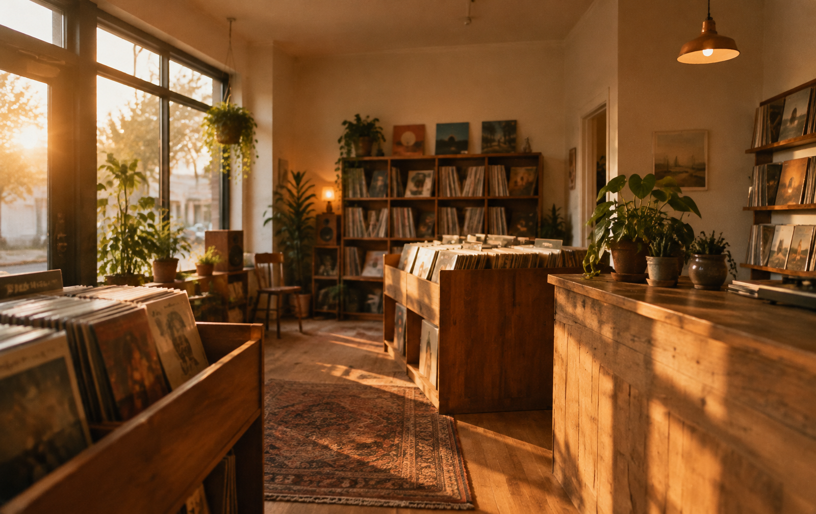 Warm, empty independent record shop with vinyl bins and plants on the counter
