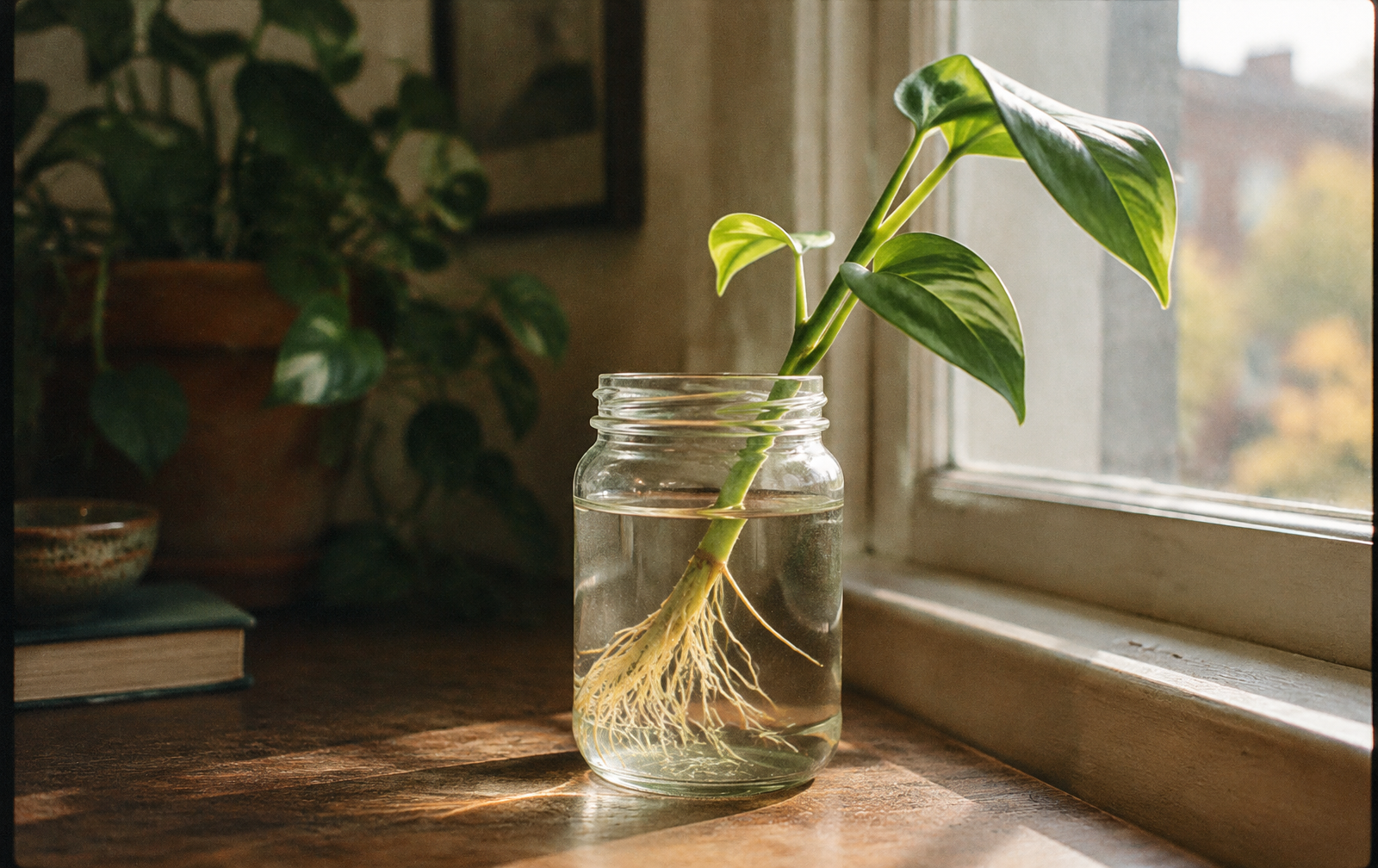 A young plant cutting with visible roots in a glass jar, leaning toward window light