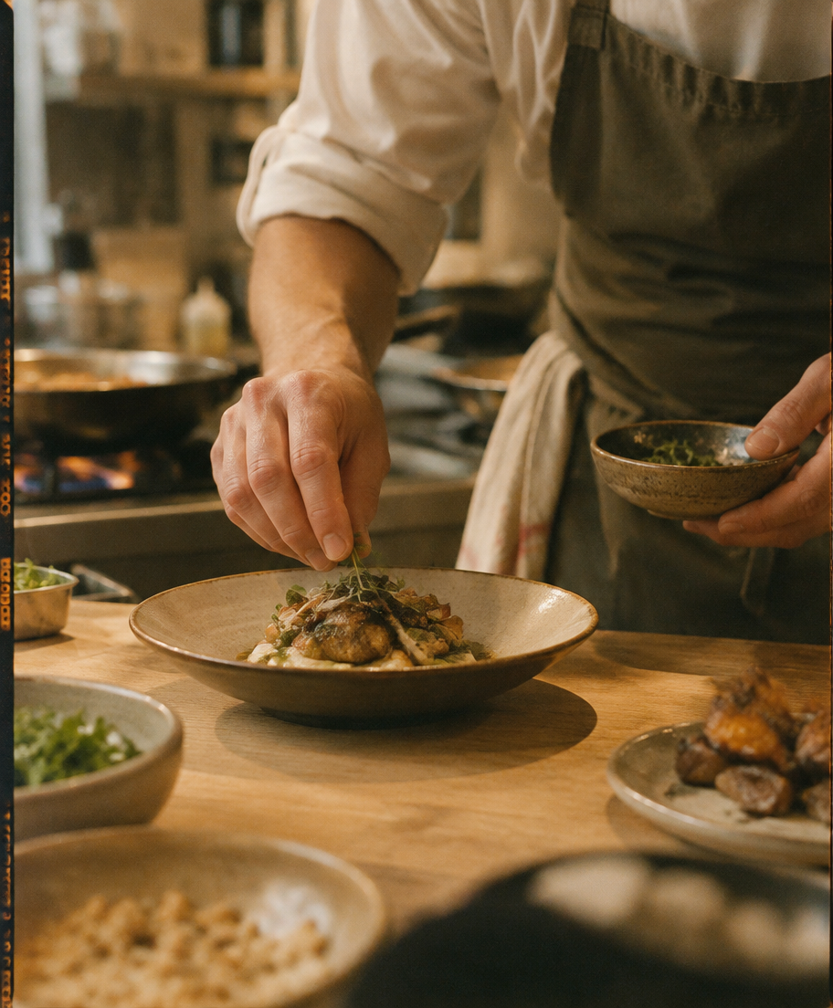 Chef's hands plating a dish in a small open kitchen