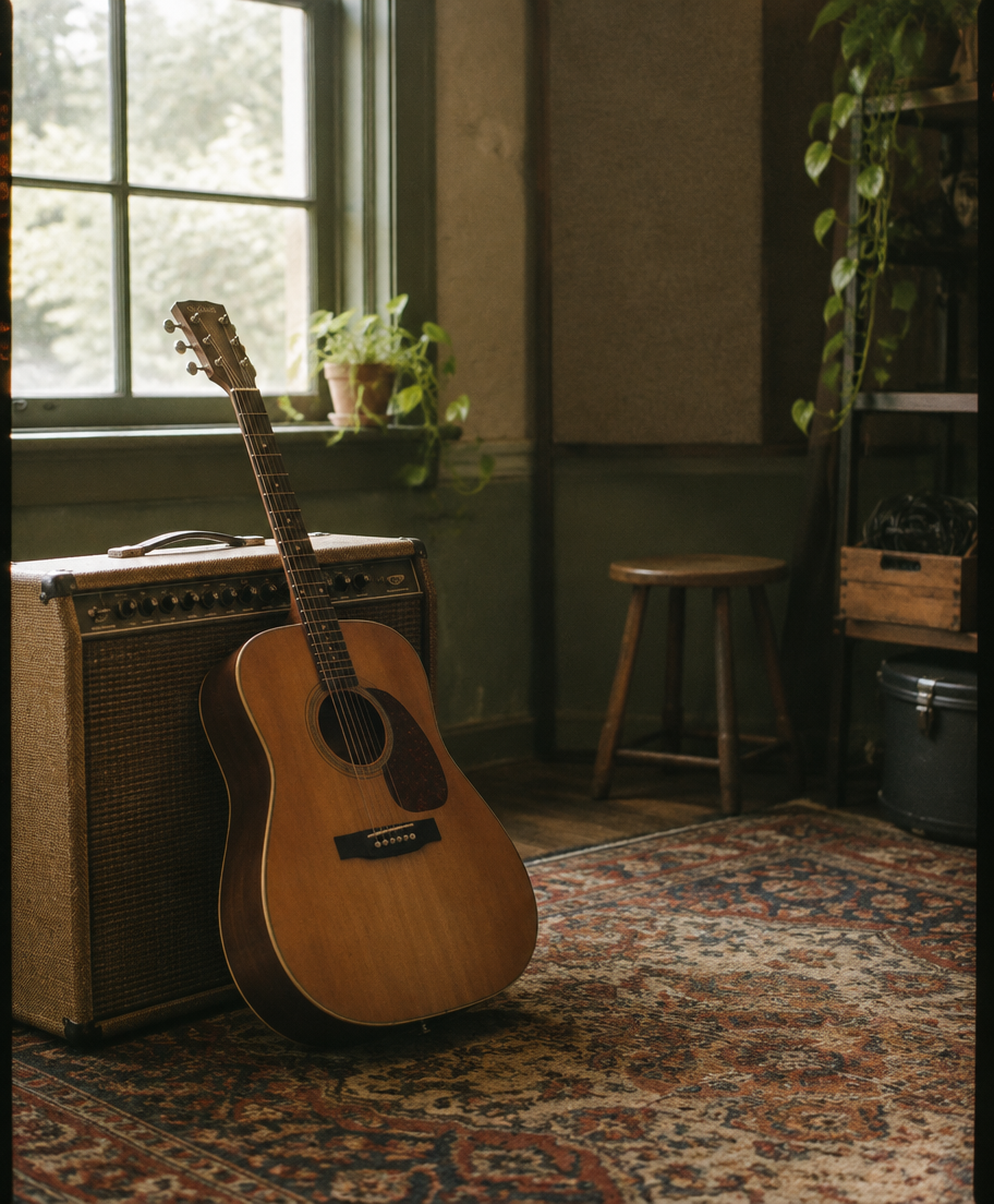 Acoustic guitar leaning on an amp in a rehearsal room