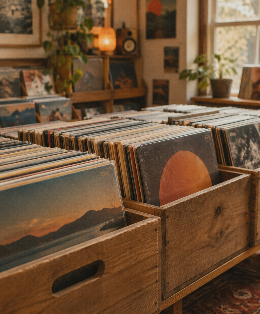 Wooden crates of vinyl records in a record shop