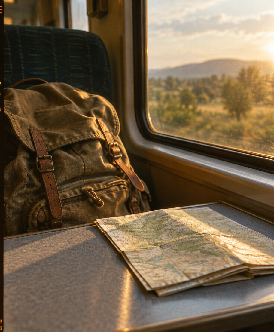 Worn backpack and a paper map on a train table
