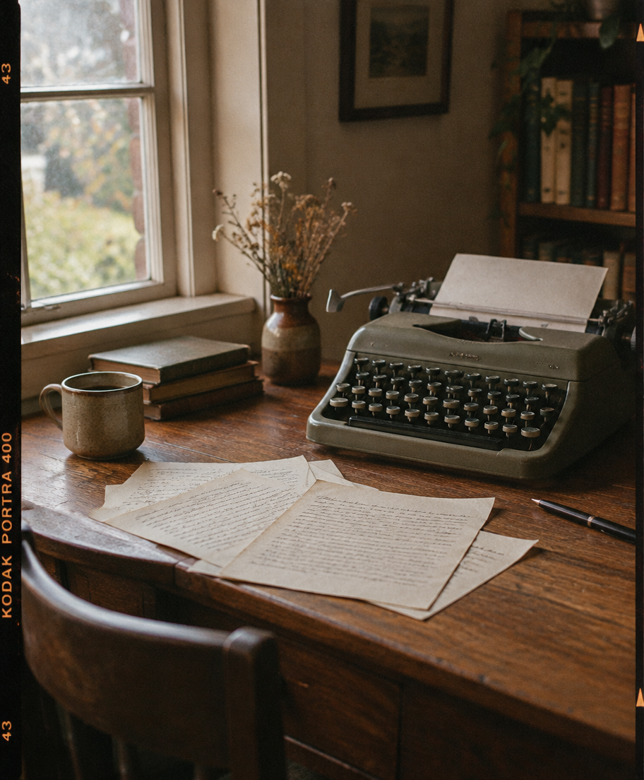 Typewriter and handwritten pages on a wooden desk