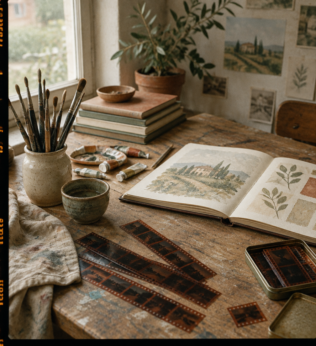 Artist worktable with brushes, an open sketchbook and film negatives