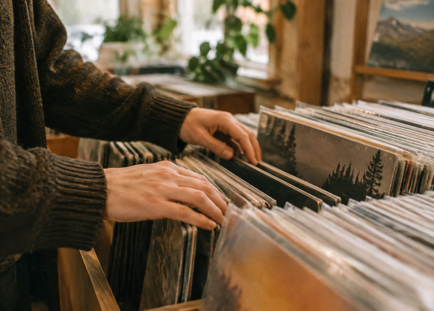 Hands flipping through vinyl records in a record shop
