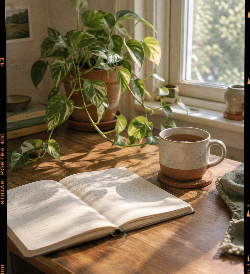 Open journal, a cup of tea and a trailing pothos by a sunlit window