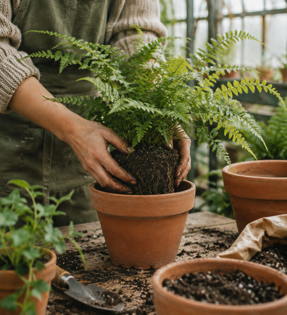 Hands repotting a fern into a terracotta pot in a greenhouse