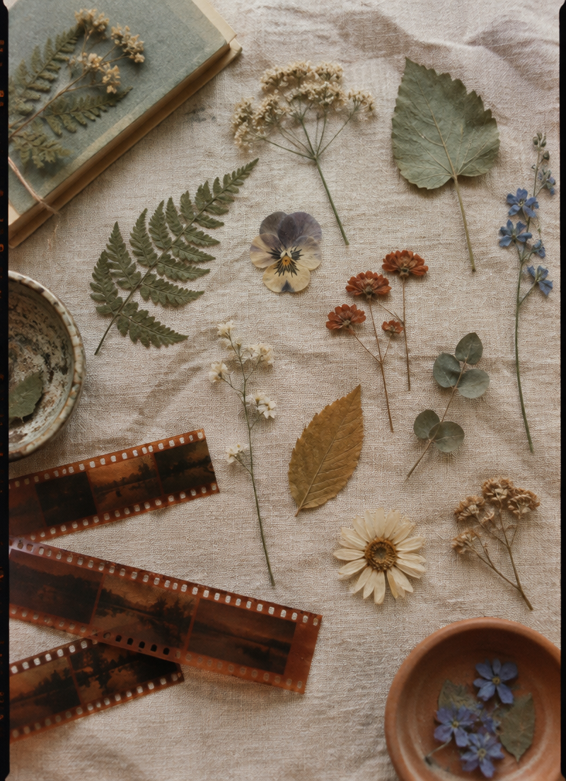 Pressed botanicals and film negatives laid out on linen